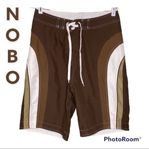 NoBo Color Blocked Brown, Tan and White Long Length Swim Trunks Sz 32